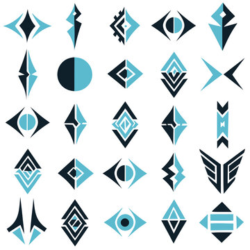 Set of tribal sigil icons in geometric style for tattoo design or car tuning. Abstract black and blue shapes and symmetrical symbols isolated on white background. Vector illustration