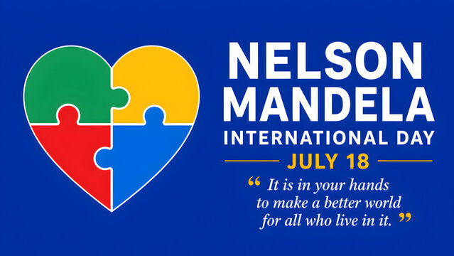Nelson mandela international day july 18 banner with heart puzzle icon and inspirational quote about making a better world