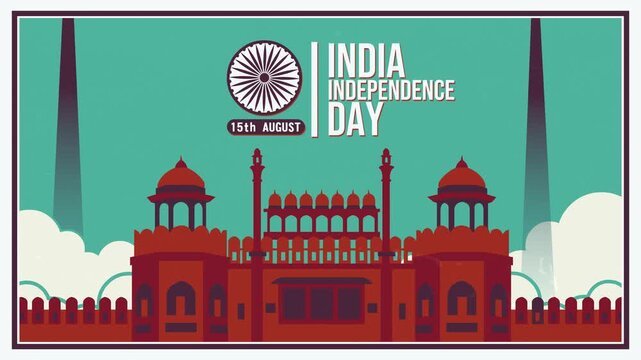 Retro-style 4K looping animation featuring the Red Fort, Ashoka Chakra, and fighter jet flyover for India Independence Day, ideal for patriotic broadcasts, event screens, and digital displays.