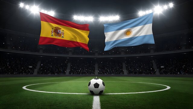 Spain and argentina flags waving in a dark stadium with a soccer ball on the pitch