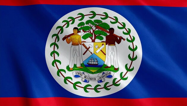 The Belizean flag with royal blue field, red stripes, central coat of arms, mahogany tree, motto &ldquo;Sub Umbra Floreo,&rdquo; symbolizing heritage, unity, resilience, and national identity.