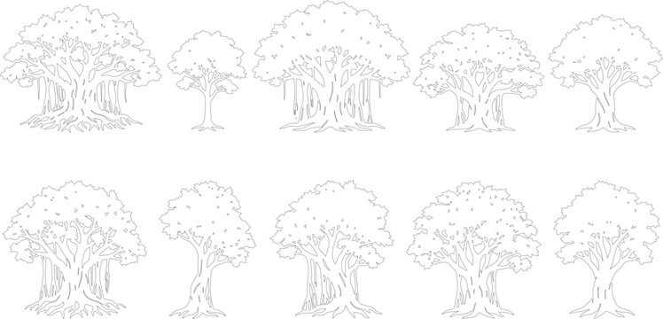 PRound Bushy Tree Collection, Varying Size Side View CAD Line Drawing for Landscape Design, Vector Illustration
Minimal Foliage Tree Set, Elevation Style Botanical Symbols for Architecture Drawings, V