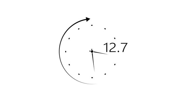 Minimalist white analog clock face with a thin outline and subtle tick marks, featuring a single arrow indicating a circular path and the digital display 12.7 against a clean white background