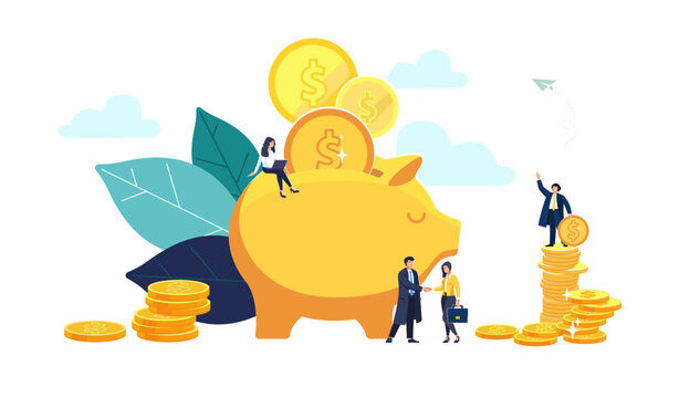 Savings in a piggy bank, piggy. Little people put money in a piggy bank, bank interest, return investment. Concept for web landing page, mobile app. Flat style vector illustration, design, finance

