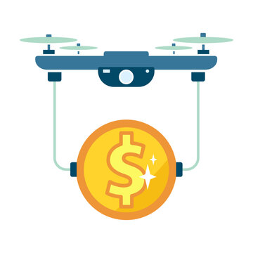 Flat green design, drone delivery of gold dollar cent coin, penny. Money income, white background. Business finance, economic growth, investment, investor, bank, poster, flyer. Vector illustration
