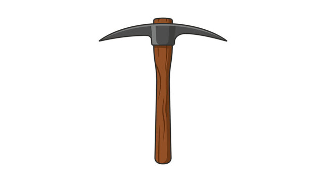 A pickaxe with a wooden handle and metal head on a plain white background.