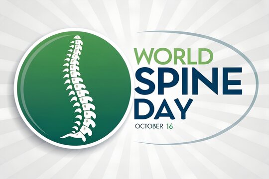 Stylized white human spine illustration centered inside a vibrant green circular emblem for world spine day featuring bold typography and a modern minimalist aesthetic design on a light grey backgroun