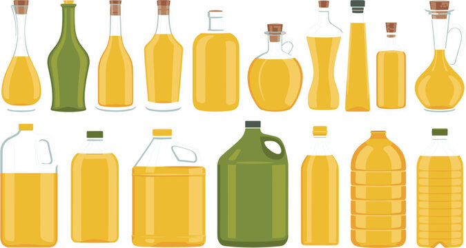 Cooking oil bottles and glass decanters vector set featuring organic olive oil jugs sunflower oil plastic canisters isolated on white background