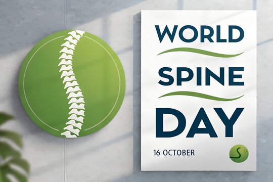 Decorative green circular sign featuring a white anatomical spine icon alongside a professional rectangular poster promoting world spine day on sixteen october with clean typography and modern minimal