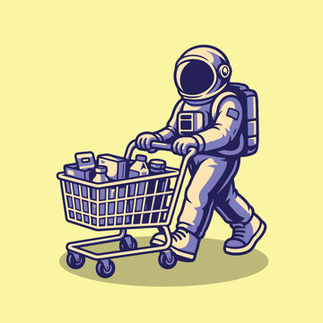 Astronaut Pushing Shopping Cart Cartoon Vector Illustration