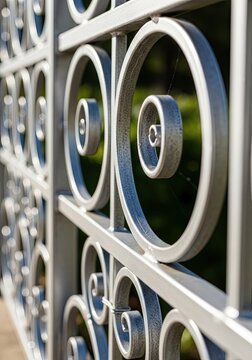 Close up of silver circular metal fence patterns.