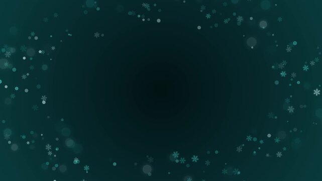 Festive Winter Snowflake Frame. Elegant dark green background with gently swirling snowflakes circling the center. Ideal for holiday greeting cards and Christmas video intros