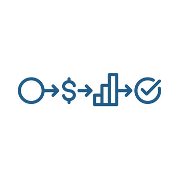 Business process flow icon showing steps from idea to success, including money, growth chart, and checkmark