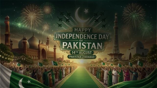 Pakistan Independence Day Celebration Banner: Festive Animation with Fireworks, Jet Flyover, Waving Flags, and Crowd of People Celebrating 14th August Jashn-e-Azadi Patriotic Background