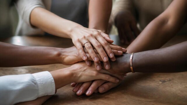 Close-up of a diverse group of people placing their hands together in a stack, symbolizing teamwork, unity, collaboration, trust, and mutual support. The image represents strong partnerships, team spi