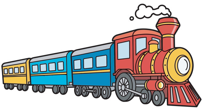 Colorful steam train illustration with passenger cars on a white background