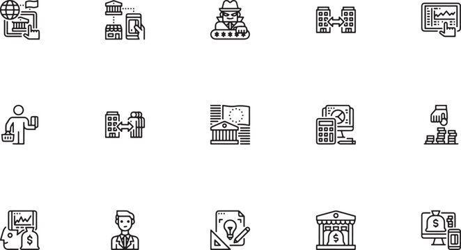 Digital Banking icon set representing financial technology featuring mobile money transfers cyber security hackers bank buildings and calculators outline vector
