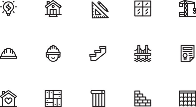 Building Construction icon set highlighting property engineering featuring hardhat workers wooden stairs suspension bridges brick walls and blueprints outline