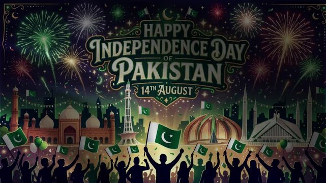 Pakistan Independence Day Celebration Video: Festive 14th August Animation with Colorful Fireworks, Waving Flags, Silhouette Crowd, and Illustrated Landmarks on Green and Gold Background