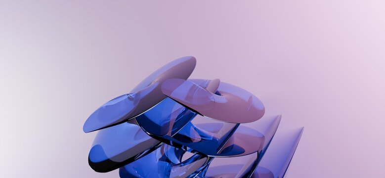 Minimalist abstract 3D blue circular glass disks stacked on soft violet pastel gradient background wallpaper