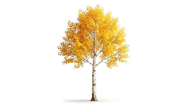Single isolated quaking aspen tree with vibrant golden yellow autumn foliage standing tall against a clean white background for seasonal design projects