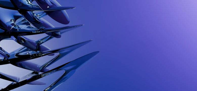 Dynamic abstract 3D metallic dark blue spiky cone structure on vibrant purple gradient background wallpaper