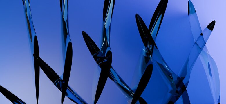 Abstract 3D blue transparent glass intersecting plates pattern grid on bright neon blue background wallpaper