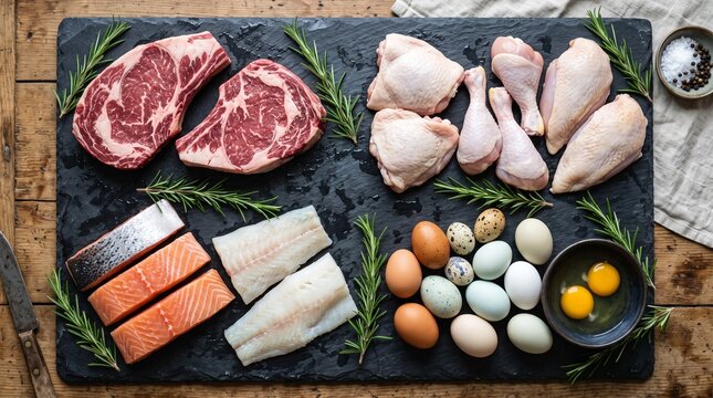 A top-down view of a variety of raw proteins including beef steaks, chicken parts, fish fillets, and eggs arranged on a slate surface with fresh rosemary sprigs. 