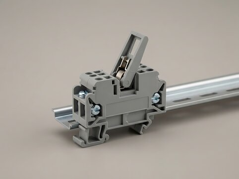 Gray plastic terminal block mounted on a DIN rail with screws