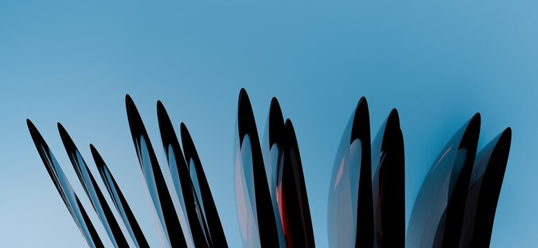 Dramatic abstract 3D black metallic sharp spikes structure pointing up on bright blue studio background