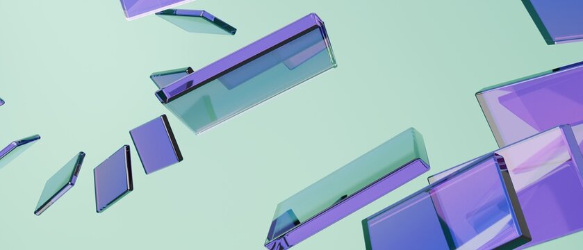 Creative abstract 3D purple glass rectangles composition on soft light green pastel background banner art