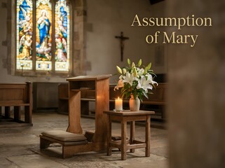 Assumption of mary religious display with flowers and candle inside a quiet church