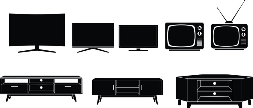 Modern Television and TV Stand Silhouette Collection Featuring Flat Screen Displays Retro TVs and Media Console Furniture Vector Icons