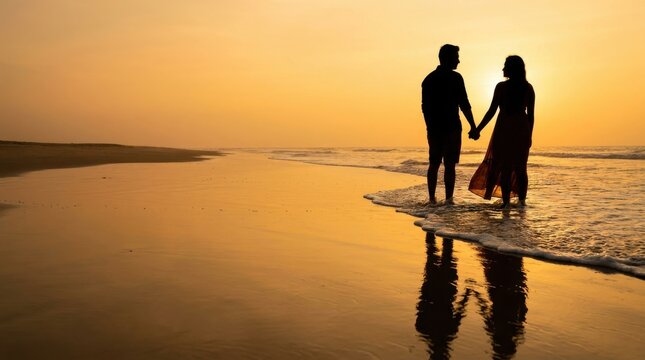 Romantic Couple Silhouette on Beach at Sunset for Travel Banner, Wide Background with Copy Space for Authentic Connection and Mindfulness