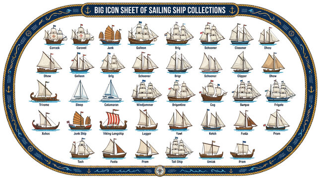 sailing ship icons, collection of boats