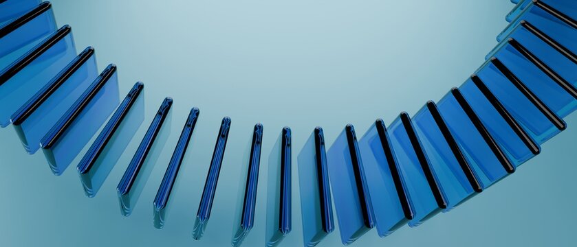 High angle abstract 3D glossy blue metallic track loop structure on bright blue gradient background banner