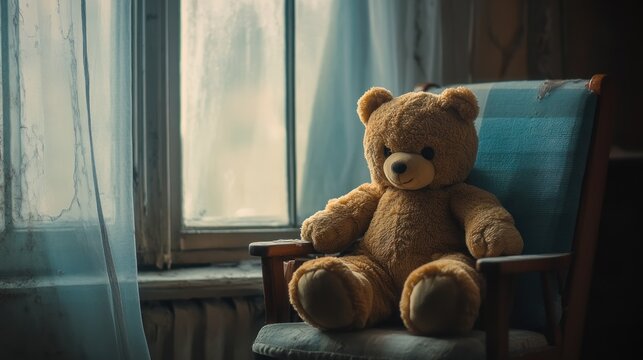 A teddy bear sits alone in an antique rocking chair by a window.  A sense of nostalgia and solitude permeates the image