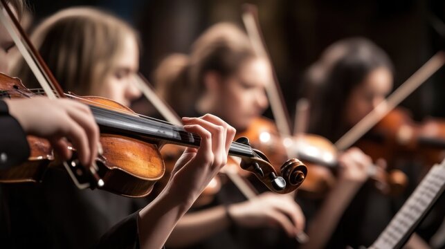 Classical orchestra performance.  Close-up view of musicians playing violins