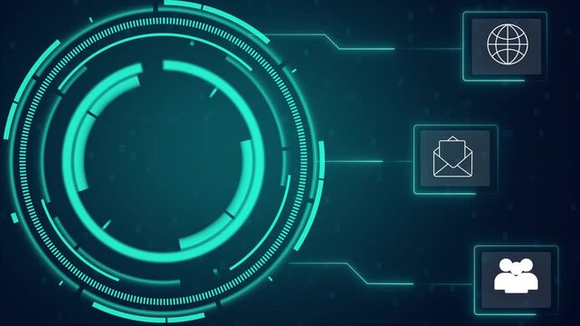 A digital interface with global icons glows on screen. This digital interface represents cloud communications. Use this digital interface loop for tech updates.