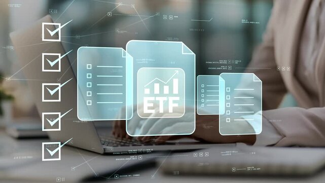 Business professional reviewing ETF investment documents with digital checklist, portfolio management workflow, financial planning process and long-term passive investing strategy