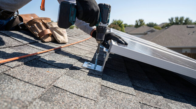 Solar installer driving lag bolt into mounting bracket with cordless drill on roof shingles