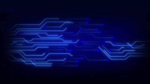 Blue circuit board lines and dots glow on a dark screen. This circuit board design represents modern computer systems. Enhance your tech videos with this circuit board.