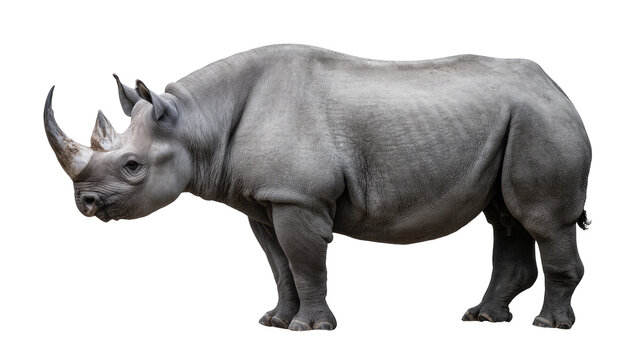 Isolated large grey rhinoceros standing in profile, powerful endangered wildlife mammal with thick skin.