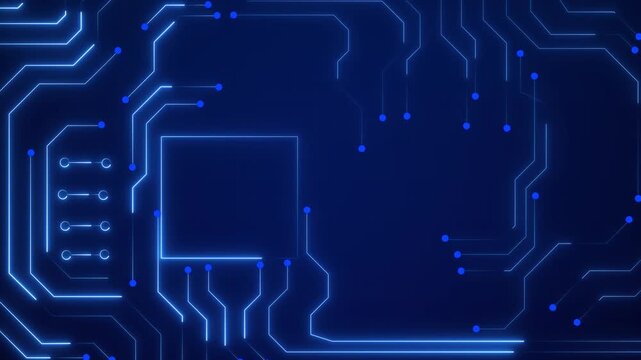 A detailed neon circuit board glows with computer nodes. This circuit board represents high-speed data processors. Use this digital circuit board loop for videos.