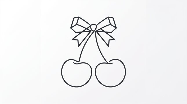 Minimalist monoline cherry icon with ribbon bow outline, clean vector line art illustration isolated on white