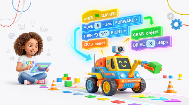 3D robotic vehicle controlled by floating block coding graphics on white background
