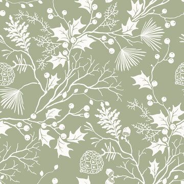 Christmas seamless floral pattern with silhouettes delicate branches, holly, acorn and cones. Holiday winter illustration for textile, repeat background, cover or wrapping paper. Handmade vector print