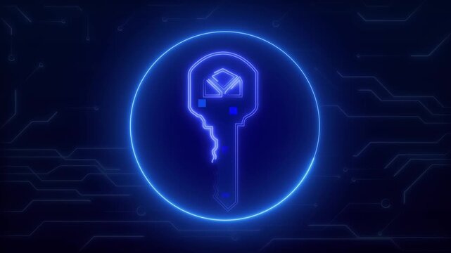 A digital key icon glows inside a neon circuit board backdrop. This digital key represents cybersecurity and system access. Use this digital key loop for tech clips.