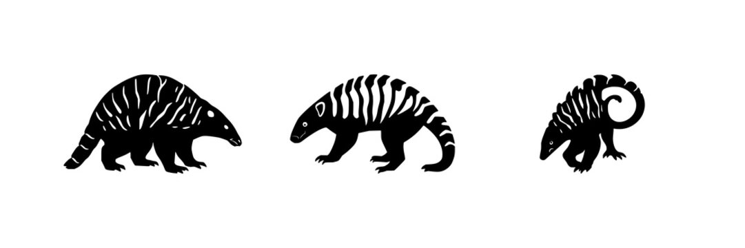 Solid black silhouette of a rare pangolin in a defensive walking stance, endangered wildlife conservation icon, white background. set with simple line art design featuring simple design, minimalist...