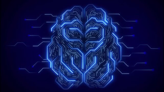 Glowing brain circuitry represents machine learning and AI. This brain circuitry shows digital data connection nodes. Enhance technology projects with this brain circuitry.